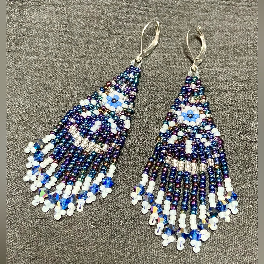 Metallic Blue Fortune Teller Hand Crafted Earrings with Austrian Crystal Beads